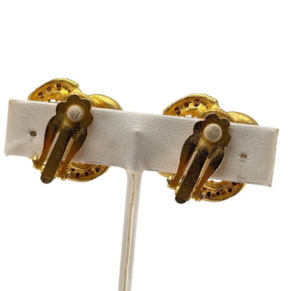 Roxanne Assoulin 1980s Designer Vintage Clip-On Earrings Gold Black Enamel Rhine - Picture 4 of 8